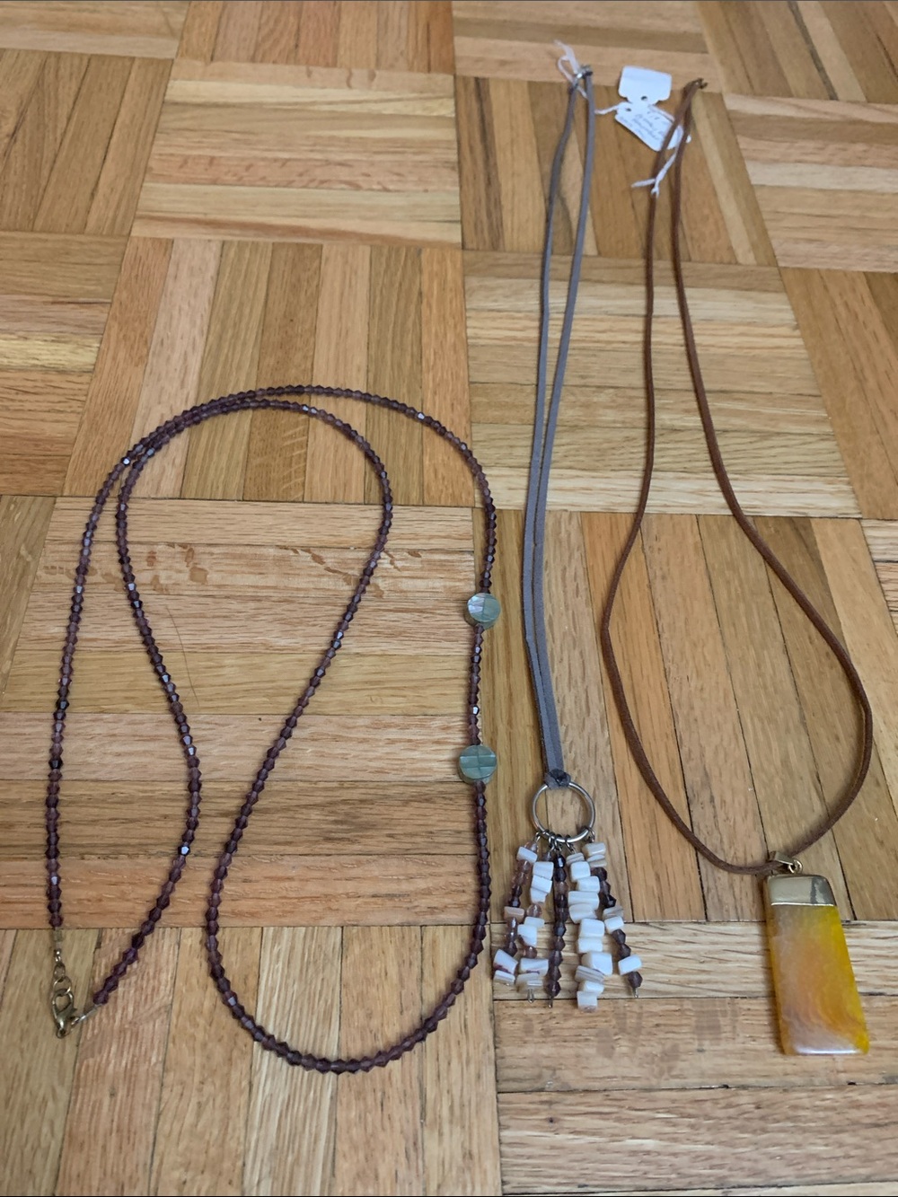 Trio (3) Beaded Necklaces - Amethyst & Honey Colored Pendant